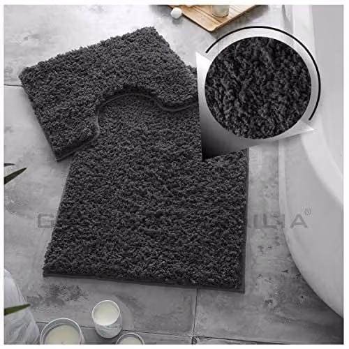 GC GAVENO CAVAILIA 2 Piece Non-Slip Zero Twist Bath Mat and Pedestal Set in Black, W/D/H: 80 x 50 cm and 50 x 40 cm