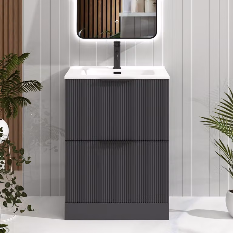 Royal Bathrooms Evora 600mm Graphite Grey Fluted Floor Standing 2 Drawer Vanity Unit with Ceramic Basin and Matt Black Handles