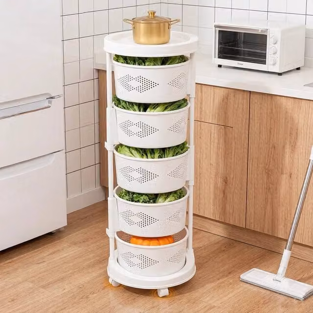 KORVIXA Rotating Freestanding Vegetable Rack, White, W/D/H: 100 x 100 x 97 cm