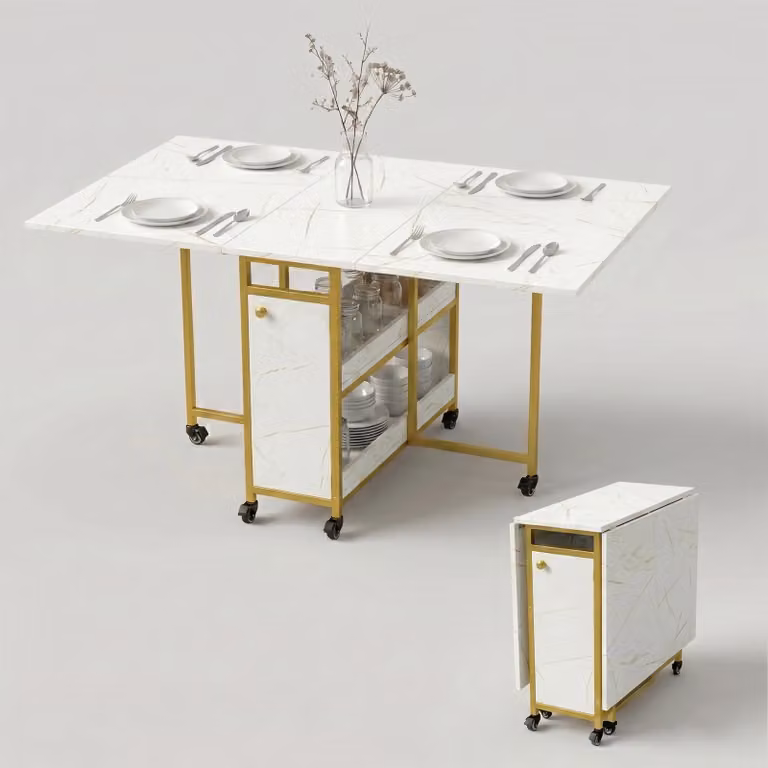 Stovra White Marble Drop Leaf Folding Dining Table with Castors, W/D/H: 152 x 80 x 76 cm