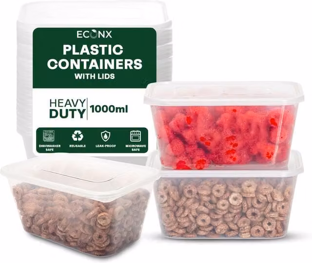 ECONX Transparent Plastic Food Storage Containers with Snap Lids, 1000ml