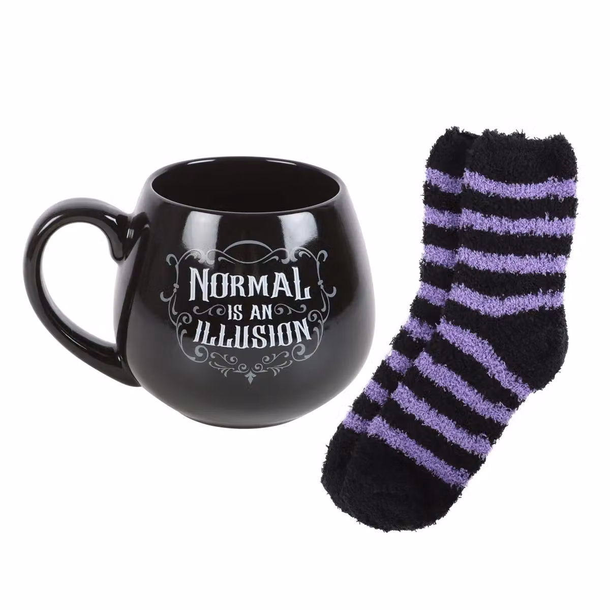 Something Different Normal Is An Illusion Gothic Ceramic Mug and Striped Sock Set in Black – 3