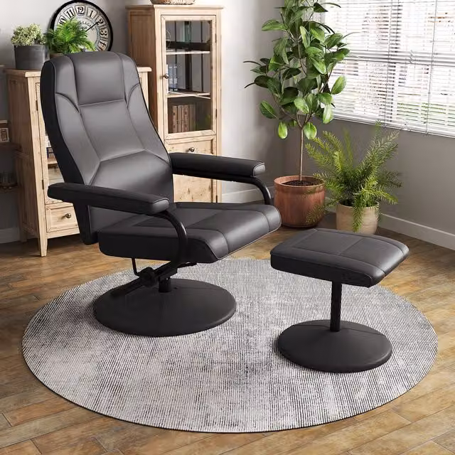 COSTWAY Black Synthetic Leather Swivel Reclining Chair with Ottoman