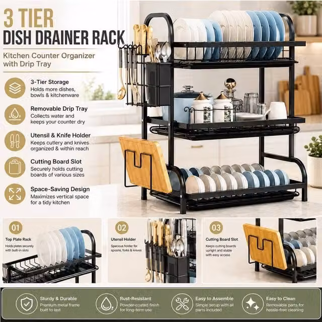 ATEK 3 Tier Black Steel Kitchen Dish Drainer Rack with Cutlery Holder and Cutting Board Holder