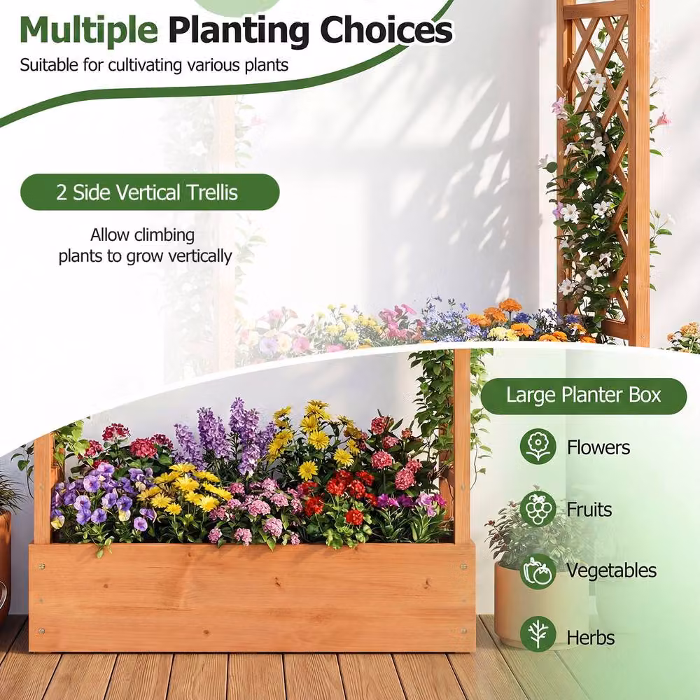 Costway Orange Wooden Raised Garden Bed with Side Trellis and Hanging Roof, Height: 114 cm – 4