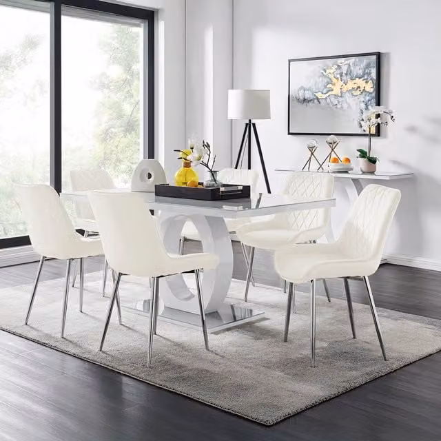 FurnitureboxUK Giovani Grey Dining Table with Six Pesaro Silver Leg Chairs in Cream and White