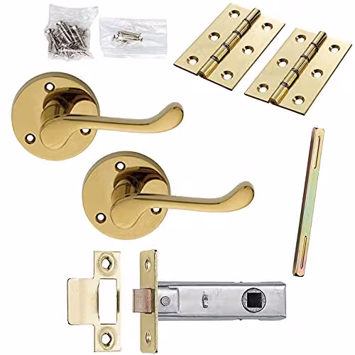 Loops Brass Victorian Scroll Curved Screwless Round Rose Door Handle and Latch Pack