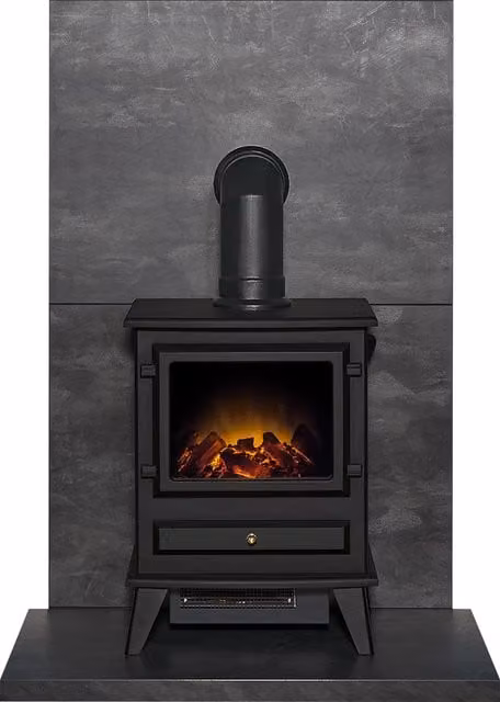Acantha Fires & Fireplaces Tile and Hearth Set in Black Slate Venetian Plaster Effect with Hudson Stove and Angled Pipe