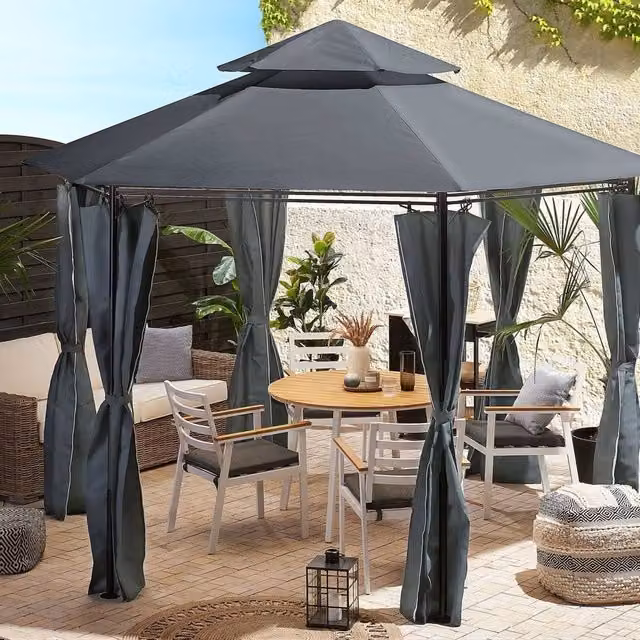 Wyld and Coco Hexagonal Garden Gazebo with Black Steel Frame and Dark Grey UV Resistant Polyester Canopy