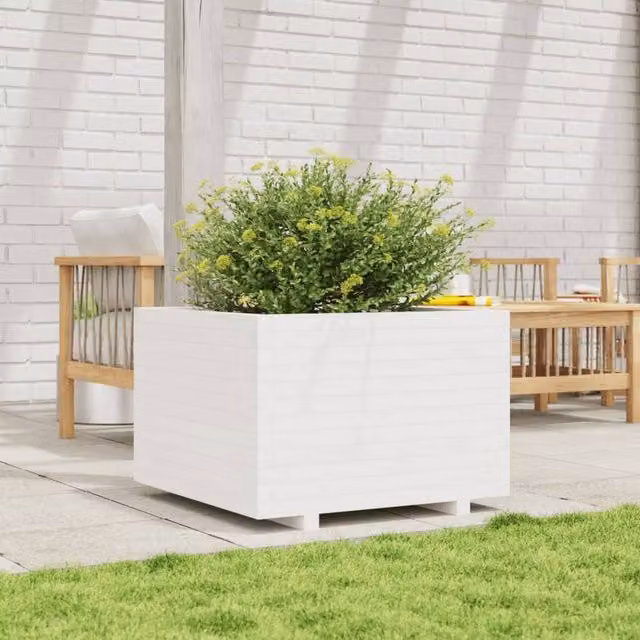 Berkfield Home Decorative Garden Planter Tub, White, Solid Wood, W: 70 cm, D: 70 cm, H: 49.5 cm – 1