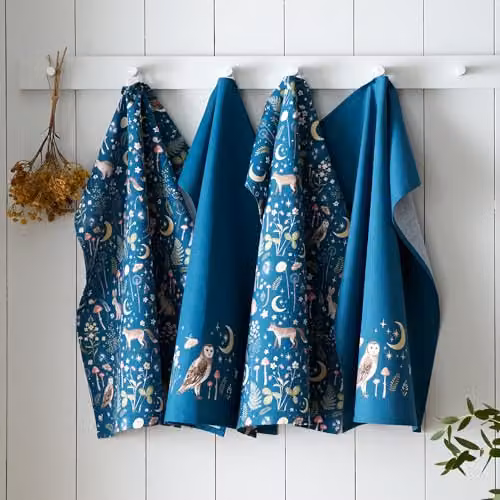 Catherine Lansfield Enchanted Twilight Animals Cotton Kitchen Tea Towel Pack of 4 in Blue