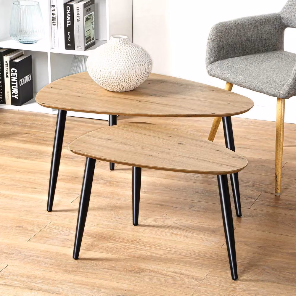 CALICOSY Set of 2 Nesting Tables with Metal Legs in Brown and Black – 2