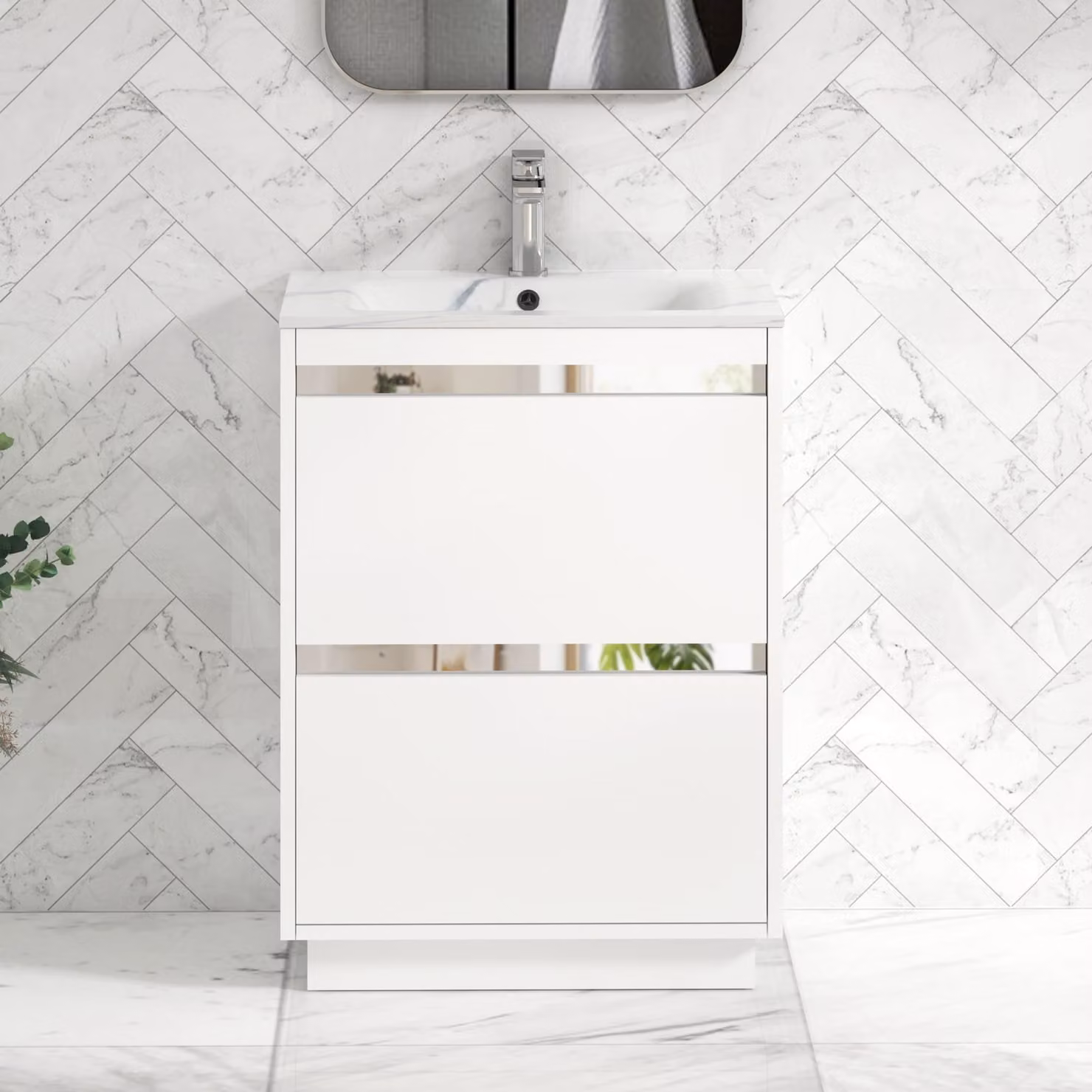 Royal Bathrooms Orion 600mm Floor Standing 2 Drawer Vanity Unit in Matt White with Carrara White Basin and Chrome Accent Trim