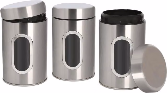 Harbour Housewares 3-Piece Stainless Steel Tea, Coffee and Sugar Canister Set with Transparent Window in Metallic Silver