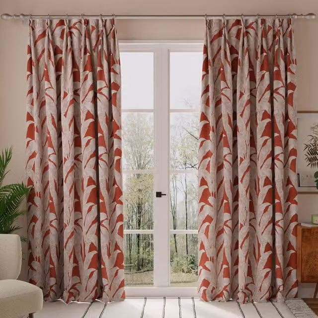 Linda Barker Evergreen Leaf Made to Measure Opaque Cotton Floral Curtain in Burnt Sienna Orange