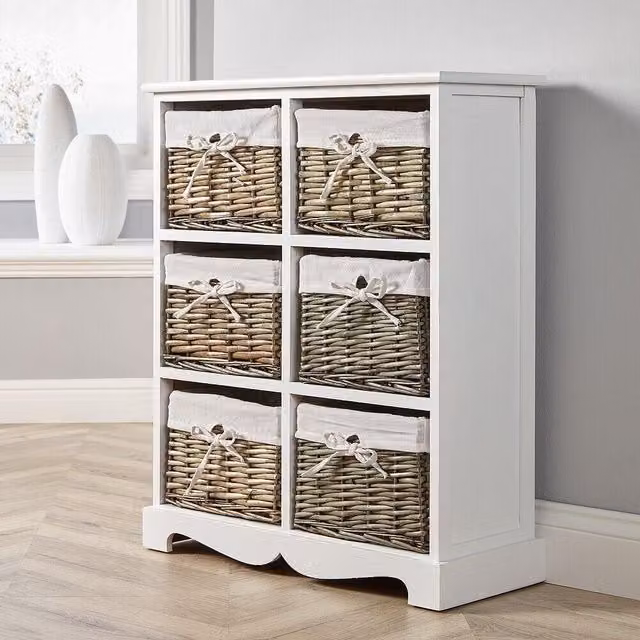 Home Source Lichfield 6 Wicker Basket Drawer Chest Storage Unit in White
