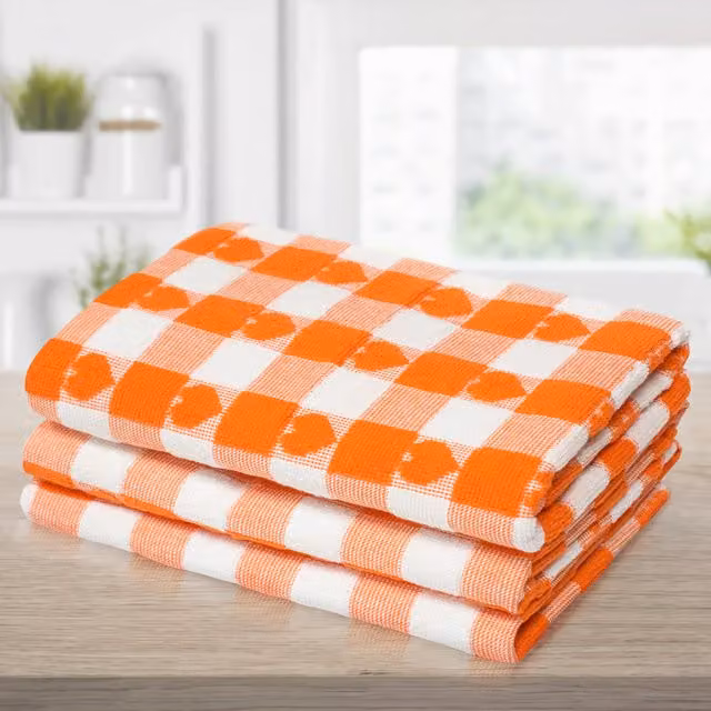 Kitchen Trends Pack of 3 Highly Absorbent Cotton Tea Towels with Striped Hearts Pattern in Orange