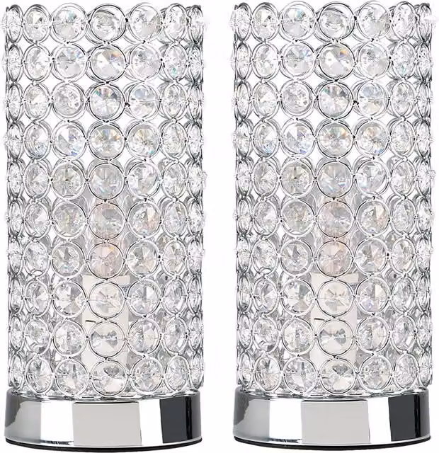 ValueLights Set of 2 Silver Chrome Crystal Touch Table Lamps