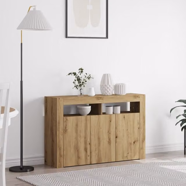 Berkfield Home Artisan Oak Modern Sideboard in Brown with Integrated Lighting, W/D/H: 116 x 30 x 75 cm – 1