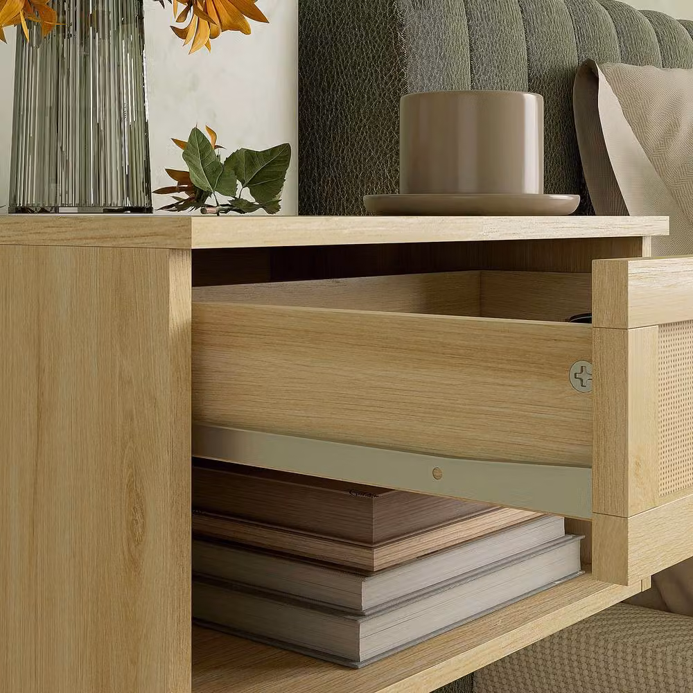 STILVORA Set of 2 Floating Bedside Tables with Drawer and Rattan Panel in Beige – 5