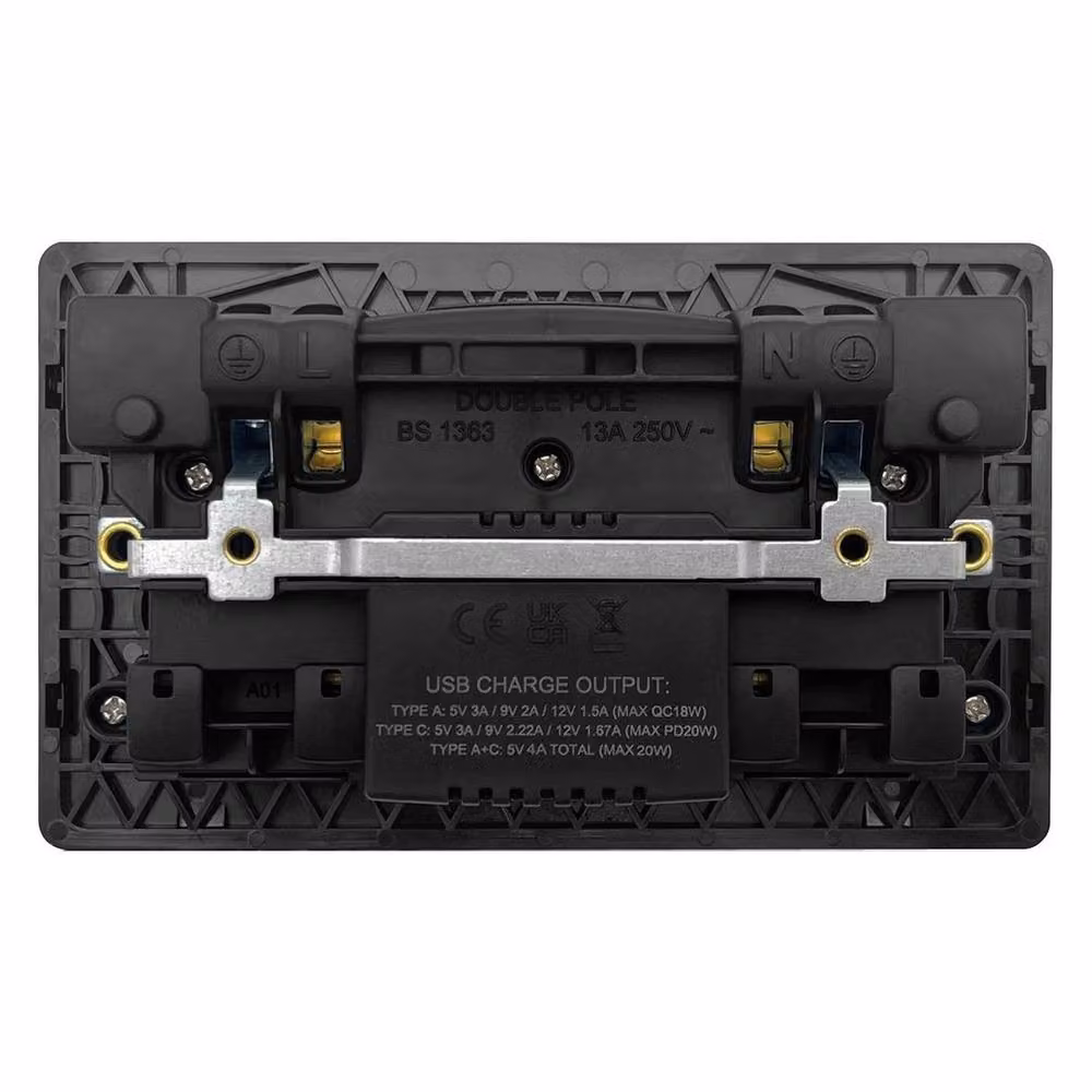 SPETLEK Matt Black Double 13A 2 Gang DP Switched Socket, Width: 52 cm – 3