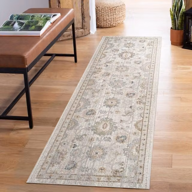 Desire Rugs Maia Traditional Floral Low Pile Washable Non Slip Area Rug, Beige and Yellow, Width: 220 cm