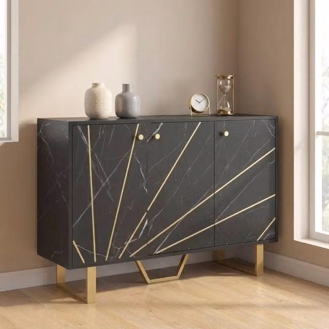 STILVORA Black Sideboard with Adjustable Shelves and Gold Tone Legs – 1