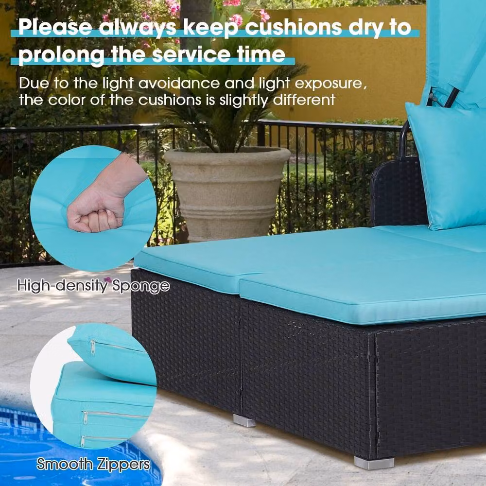 Costway Outdoor Hand-Woven PE Wicker Daybed Patio Loveseat Sofa Set with Retractable Sun Canopy and Side Tray in Multicolour – 5
