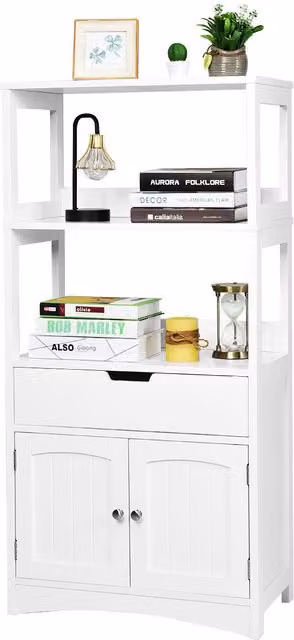Costway White Wooden Tall Bathroom Floor Cabinet with 2 Open Shelves and Internal Storage – 1