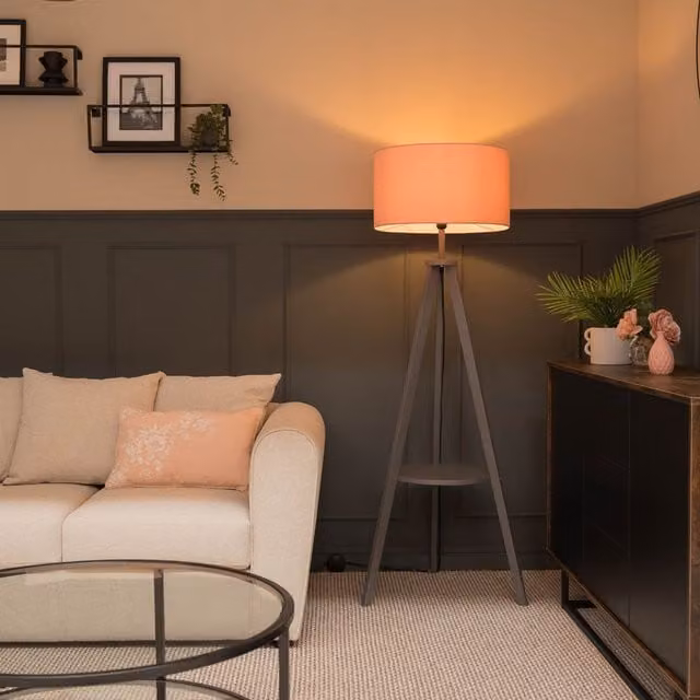ValueLights Morrigan Grey Wood Tripod Floor Lamp with White Fabric Drum Shade and Bulb