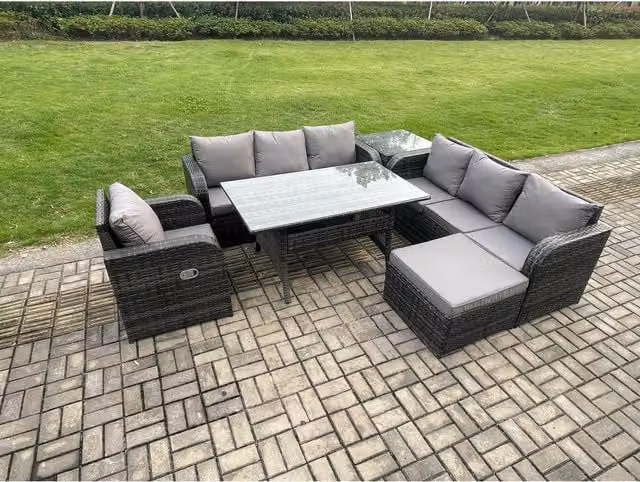 Fimous 8-Seater Rattan Garden Set with Dining Table and 3-Seater Sofa in Dark Grey Mixed