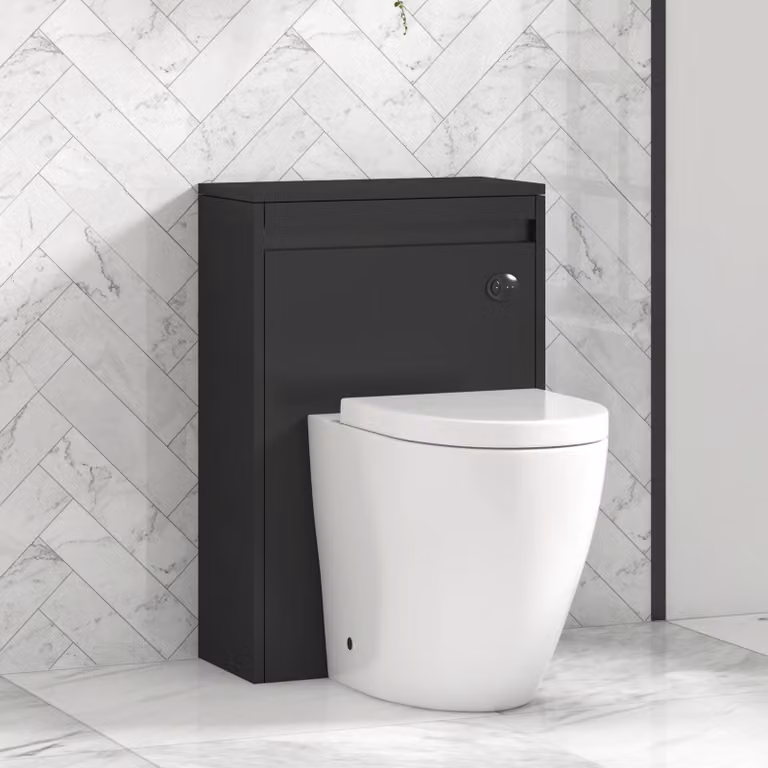 Royal Bathrooms Orion 540mm Matt Obsidian Black BTW WC Unit with Elva Rimless Short Projection Toilet Pan, Seat and Cistern with Black Accent Trim