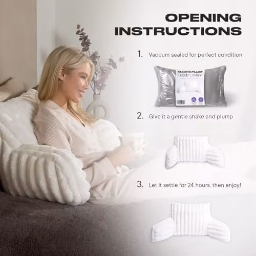 OHS Ribbed Faux Fur Reading Pillow with Heatable Pocket and Arm Support in Cream – 2