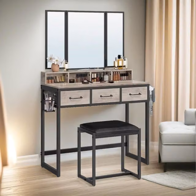 Pirlo Plush Grey 3 Drawer Dressing Table with Mirror and Stool