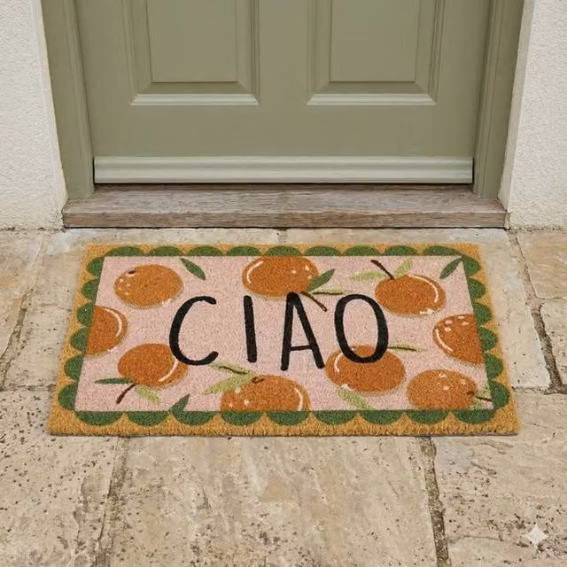 Madison & Mayfair Ciao Coir Doormat with Orange Graphic Design in Brown, W: 44 cm, D: 75 cm