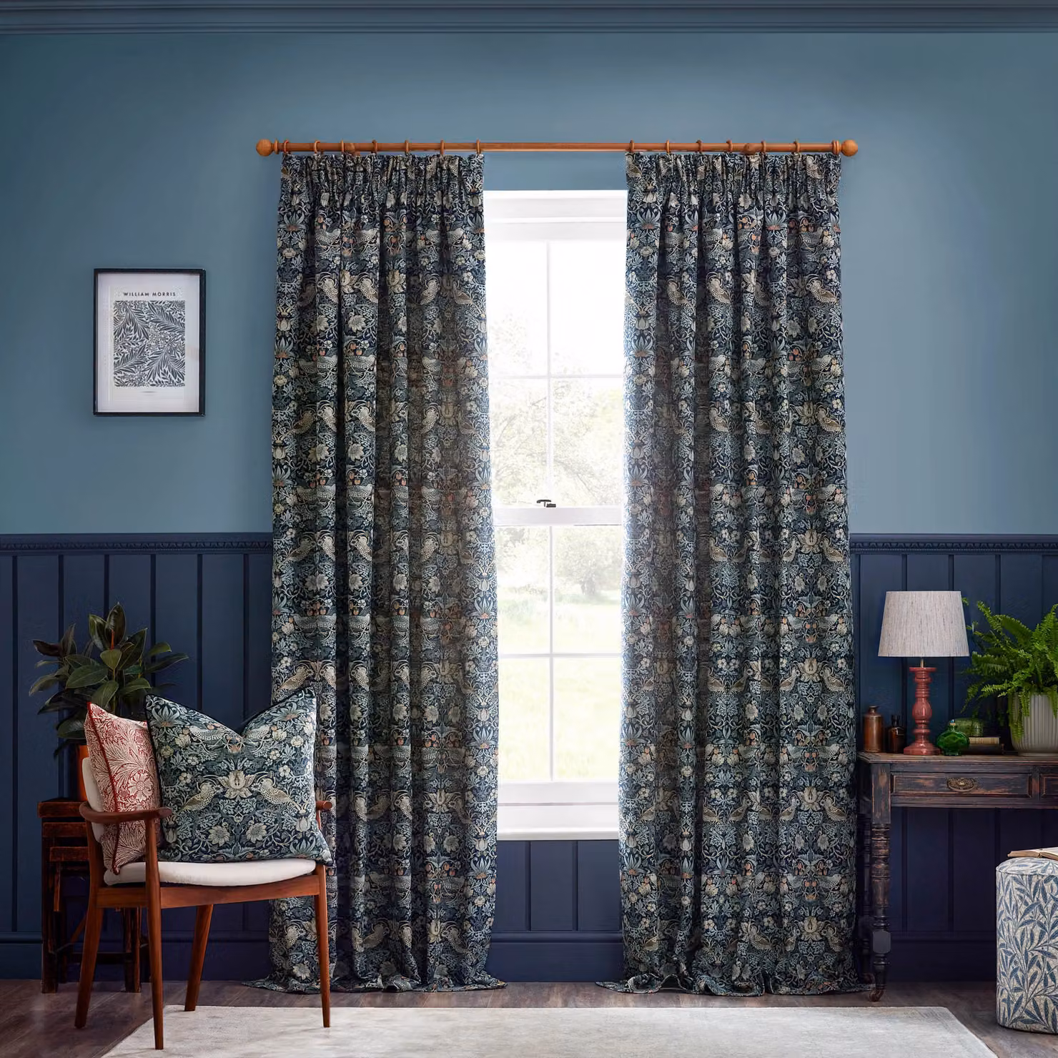 Morris & Co. Strawberry Thief Jacquard Floral Pencil Pleat Curtains, Blue, Width: 229 cm, Drop: 183 cm – 2