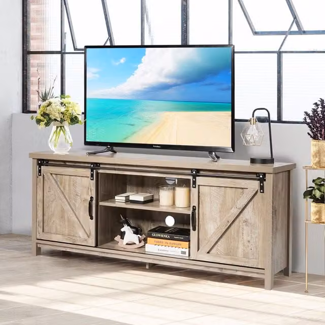 Costway Modern Grey Wooden TV Cabinet with Media Storage Shelves and Cabinets for 60 inch TVs