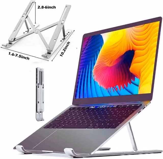 Dyzi Portable Aluminium Laptop and Tablet Stand in Silver, Lightweight and Adjustable with Ventilation – 1