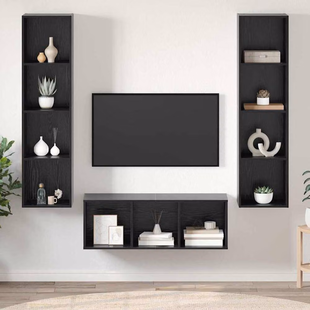 Berkfield Home Modern 3-Piece Wall-Mounted TV Cabinet Set with Shelving in Matt Black – 2