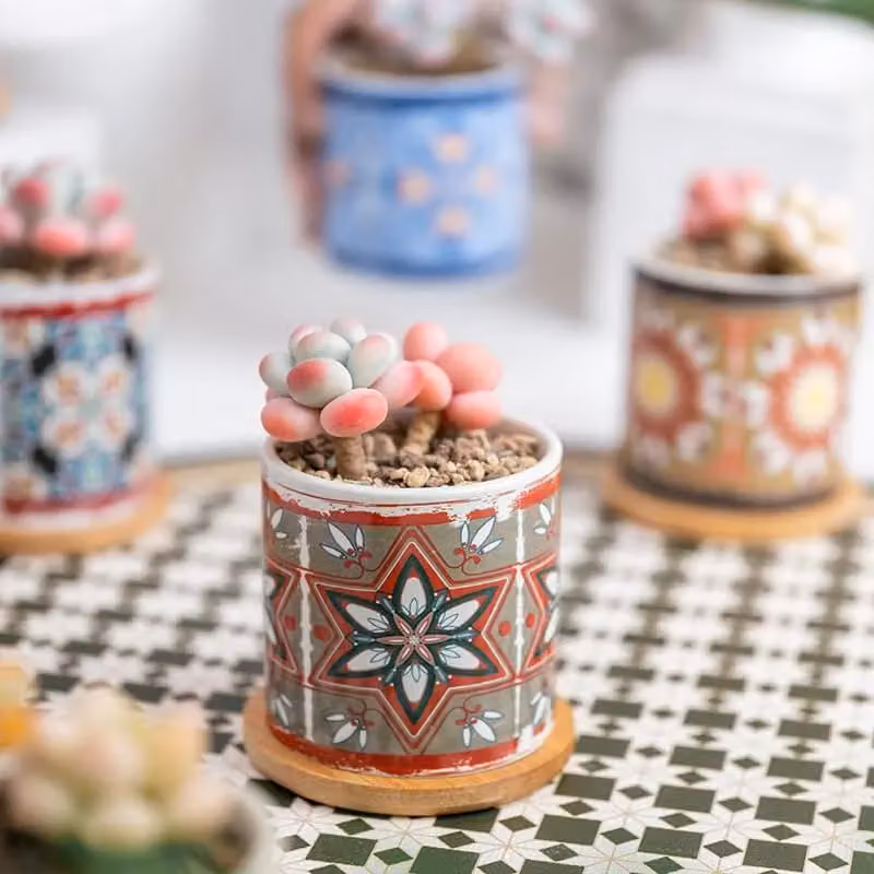 Simpa 6-Piece Retro Geometric Pattern Ceramic Plant Pots with Bamboo Bases in Multicolour – 3
