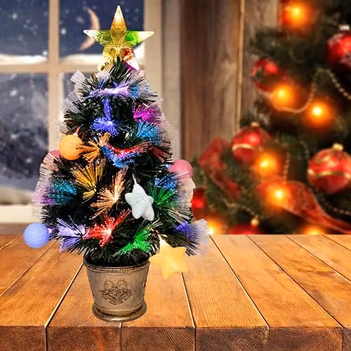 Shatchi 60 cm Green Fibre Optic Christmas Tree with Pastel Stars and Baubles, Pre-Lit with Multicolour Changing Lights, H 60 x W 35 x D 35 cm – 5