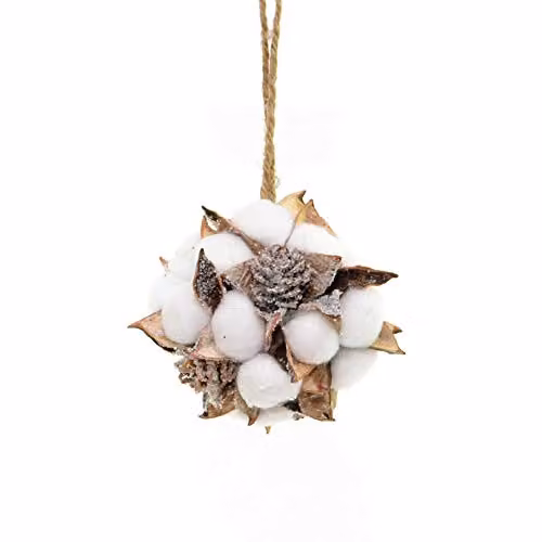 Shatchi Rustic Cotton Ball Christmas Hanging Pine Cone Decorations, White and Brown, 10 cm
