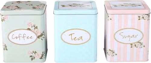 Simpa Shabby Chic Metal Tea, Sugar and Coffee Canister Set with Floral Design in Green and Blue, H 15 cm x W 11 cm x D 11 cm