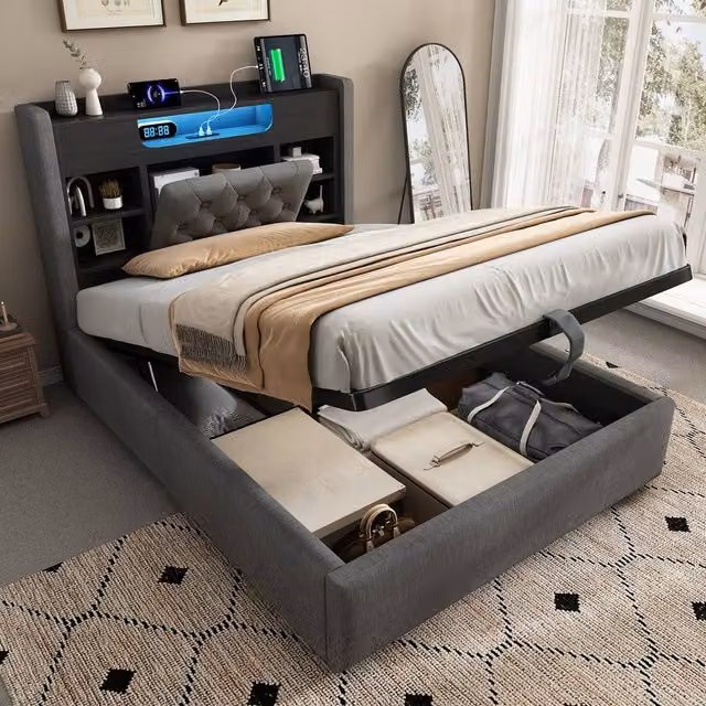 Matteo Upholstered Double Bed Frame in Grey with Hydraulic Storage, LED Lighting and USB Charging Port – 1
