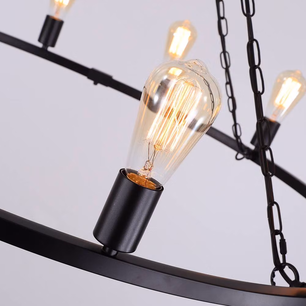 NIVOR Black Waggon Wheel Chandelier, Adjustable 12-Light Modern Metal Pendant for Kitchens, E27 – 4