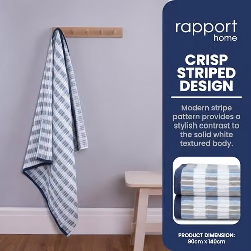 Rapport Home Santa Cruz Striped Bath Sheets 2 Pack, Blue and White, 100% Cotton, 500GSM, W: 90 cm, H: 140 cm – 2