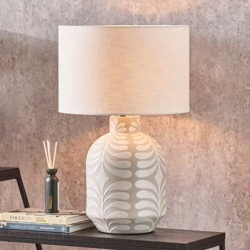 Ruma Grey and White Pattern Ceramic Table Lamp with Fabric Drum Shade – 1