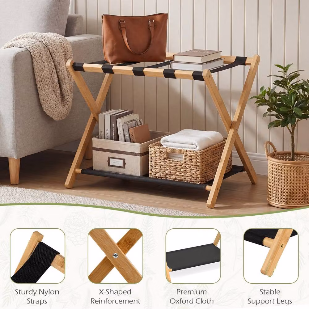 Gymax 2-Piece Black Bamboo Folding Luggage Racks with Storage Shelves – 5