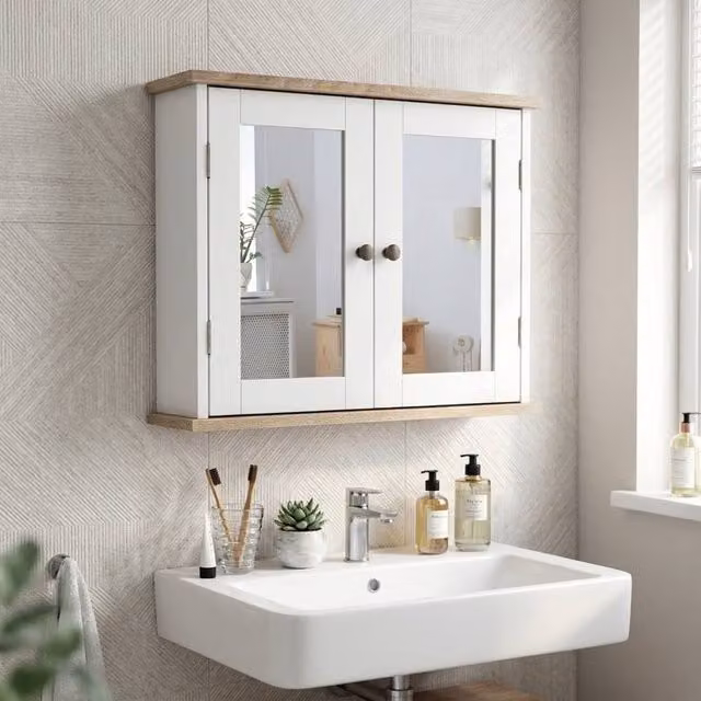 STILVORA Wall Mounted Bathroom Mirror Cabinet in White with Hinged Glass Doors and Internal Shelves – 1