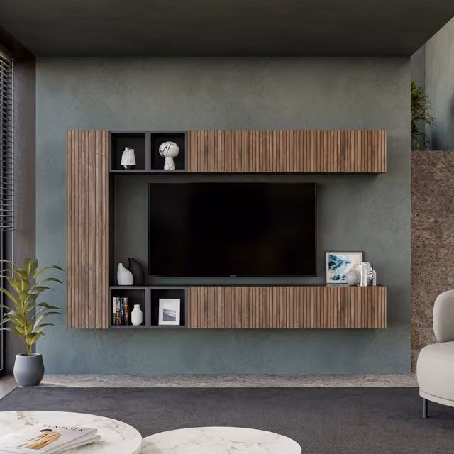 Decorotika Vienna Wall Mounted Modern Living Room Entertainment Center in Black with Striped Pattern